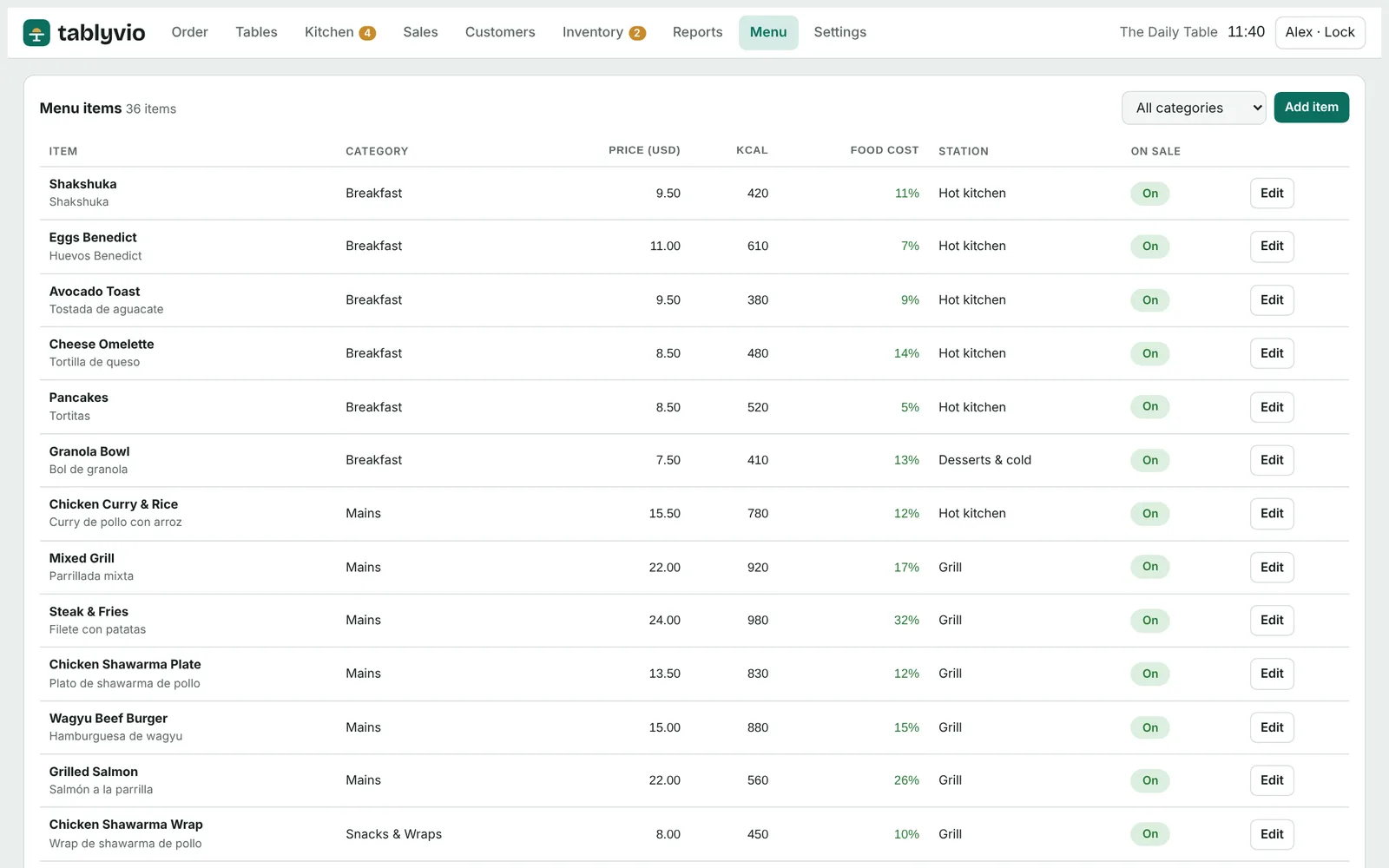 Menu editor listing items with prices, calories and on/off switches
